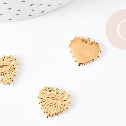 Pendentif médaille coeur oeil laiton doré 18k, pendentif doré sans nickel pour la création bijoux,médaille or,15mm, x1 g3178