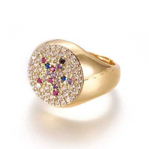 Bague chevalière laiton or zircon 17mm,x1 (g4332)