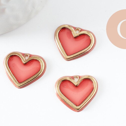 Pendentif coeur en zamac doré résine rose, pendentif amour pour création bijoux, pendentif doré, 18mm,x 2 (g3275)