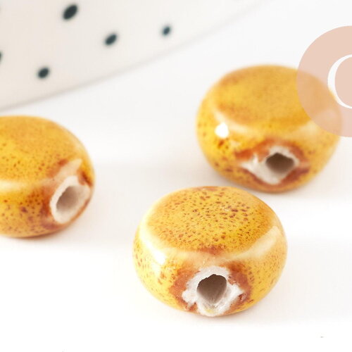 Perle disque porcelaine jaune moutarde 10-11mm, perle céramique artisanale, fabrication bijoux céramique x5 g9345