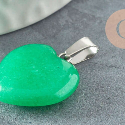 Pendentif coeur jade vert platine 22mm, pendentif bijoux pierre, jade naturel x1 g3117