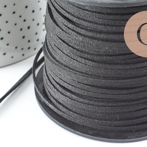 Cordon suédé noir à paillettes imitation cuir 4mm, x 1 mètre (g0756)
