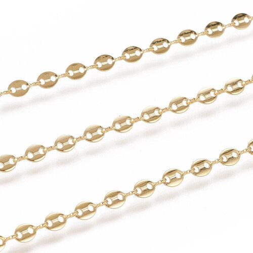 Chaine acier 304 inoxydable doré 18k maille grain de café 7x4mm, x1 mètre (g5500)