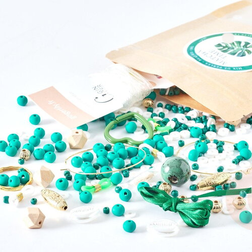Kit mix de perles vertes matcha time, coffrets et kits pour la création de bijoux fantaisie diy, x1 (g8345)