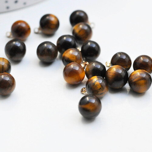 Pendentif goutte rond oeil de tigre naturel, support doré, création bijoux pierre naturelle, pendentif pierre naturelle, 14mm, x1, g4565