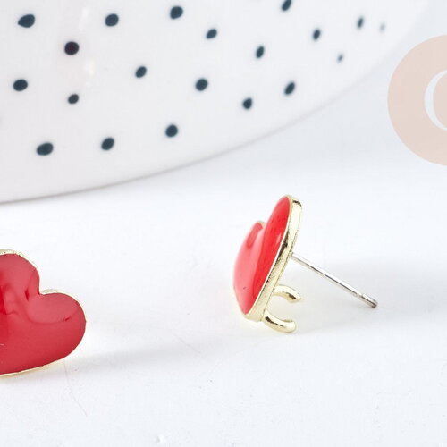 Boucles puces zamac doré coeur émail rouge avec anneau 11.5mm, x2 (g8609)