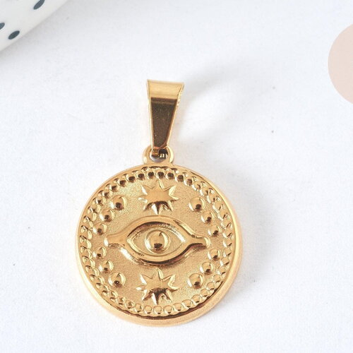 Pendentif rond acier 304 doré œil protecteur 20mm, création bijoux acier, x1 (g7386)
