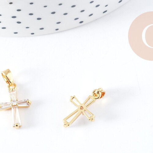 Pendentif croix laiton doré 18k zircons blancs transparents 17mm, création bijoux porte bonheur en zircon, x1 g8968