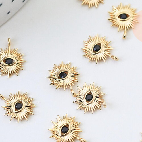 Pendentif soleil laiton doré 18k zircon noir 14mm, x1 (g5515)