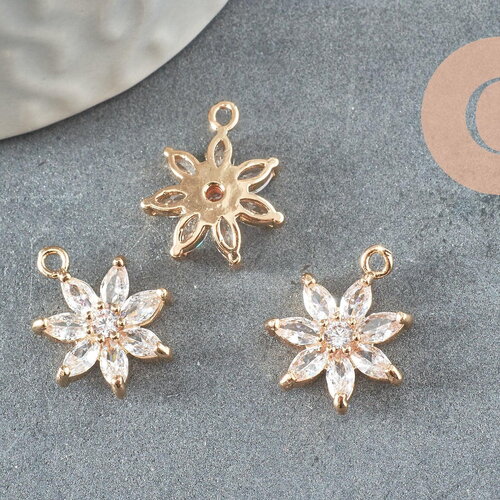 Pendentif fleur doré 24 carats zircon blanc 15mm, x1 (g4033)