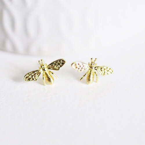 Boucles abeille doré laiton 18k tige argent 935 14mm, x2 (g2500)