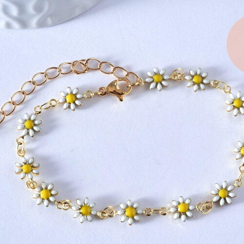 Bracelet laiton et marguerite émaillée, bracelet doré reglable, laiton doré,sans nickel,18.9cm, x1 g4855
