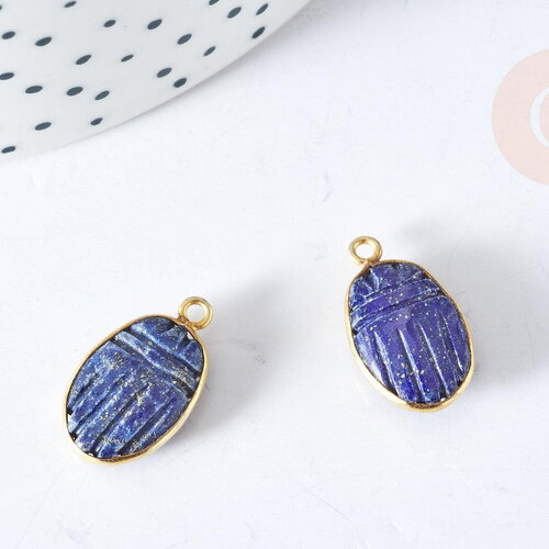 Pendentif scarabée lapis lazulis naturel argent 925 doré 18k 20mm, x1, g7723