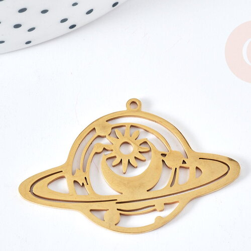 Pendentif planète mystique acier 201 inoxydable dore 25.5mm, pendentif thème espace sans nickel pour création bijoux, x1 g5691