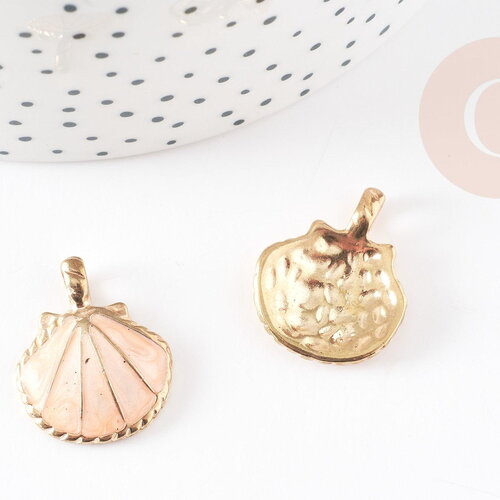 Pendentif coquillage zamacdoré rose beige 24.5mm, pendentif coquillage pour création bijoux, x2 g0223