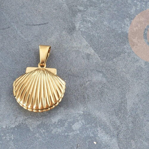 Pendentif locket coquillage acier ip inoxydable doré 18k 23.5mm,x1 (g4552)