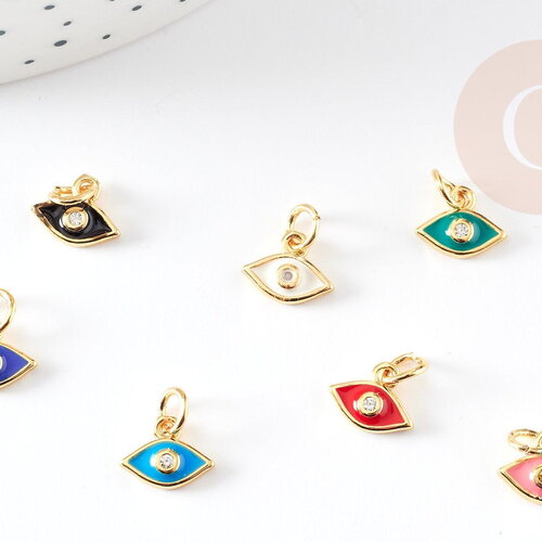Pendentif œil doré cristal zircon émail coloré,pendentif doré,porte-bonheur,laiton doré, pendentif œil,10mm, x2 g1818