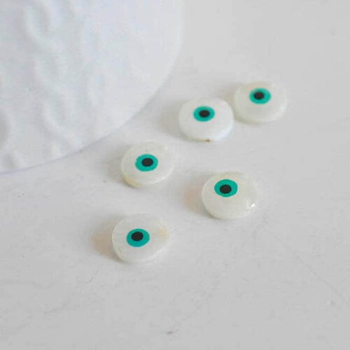 Cabochon rond nacre blanche mauvais oeil, chance, cabochon nacre, gri-gri,10mm , x10 g1058