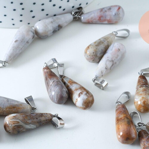 Pendentif goutte crazy agate roulée roulée acier platine 30mm, pendentif pierre acier inoxydable pierre naturelle, x1, g6168