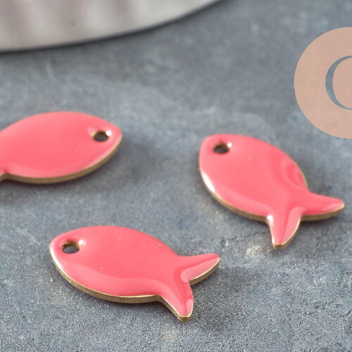 Pendentif poisson laiton brut émail rose 13.5mm, x2 (g10130)