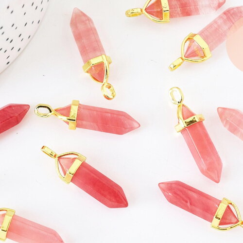 Pendentif pointe pierre quartz cerise, création bijoux, pendentif pierre,pendentif zamac doré, pierre synthétique,40mm, x1 g5166