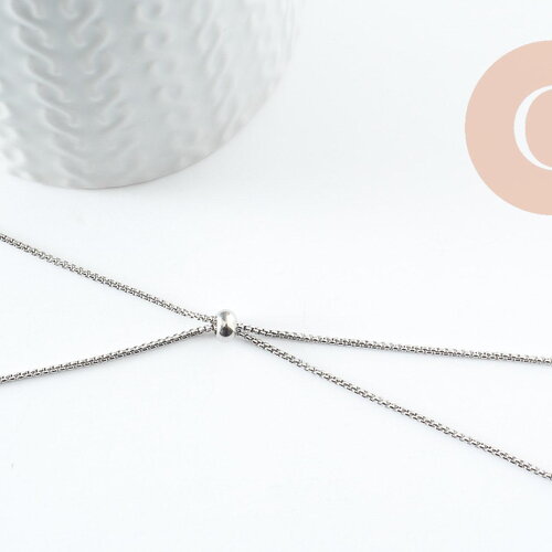 Bracelet réglable chaine rollo acier inoxydable platine finition zircon 1.2mm/ 26.6cm, x1 (g9493)