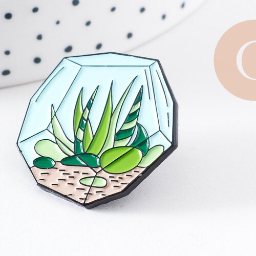 Broche pins terrarium plante avec émail 37.5mm, décoration veste, x1 (g5671)