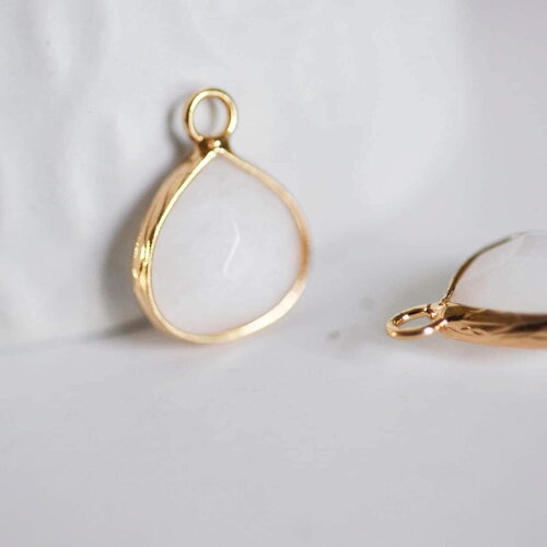 Pendentif goutte jadenaturel teinté blanc laiton doré 18mm, pendentif bijoux pierre naturelle x1 g0789