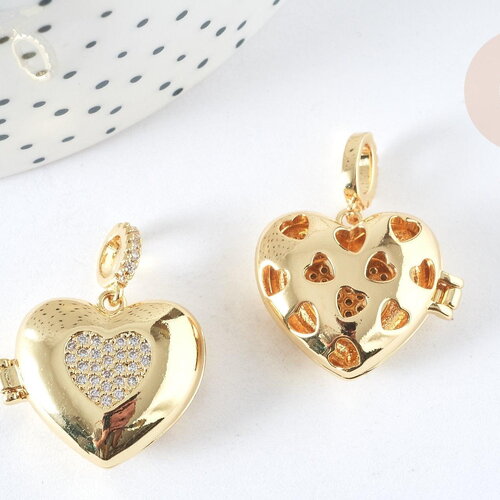 Pendentif locket cœur laiton doré 18k zircon blanc 19,5mm,pendentif qui s'ouvre pour création bijoux, x1 g7374