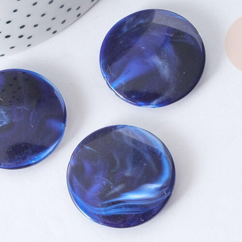 Perle ronde plate plastique acrylique bleu foncé imitation pierre 32mm, x1 (g7968)