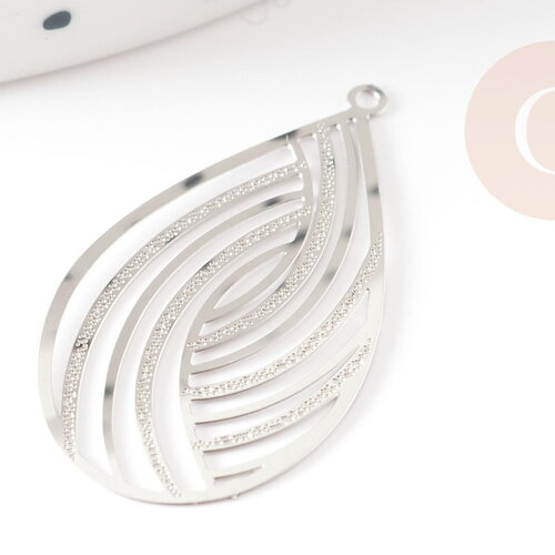 Pendentif estampe filigrane goutte acier inoxydable 304 argent texturé 32x18mm, pendentif très fin et léger x2 g4113