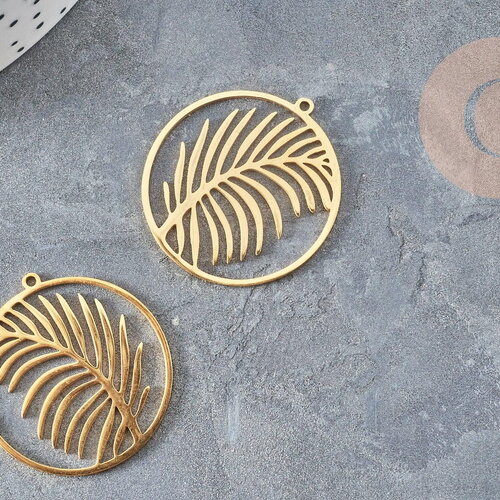 Pendentif médaille feuille palme acier inoxydable 201doré 32mm,breloque acier inoxydable doré sans nickel, x1 g6189