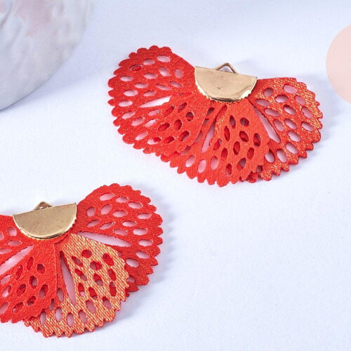 Pendentif fleur tissu soie rouge support doré,pendentif fleur en dentelle de tissu, 25x38mm, x 2 g4976