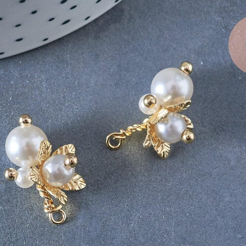 Pendentif fleur imitation perle blanc crème laiton doré 21mm,pendentif plastique,création bijoux plastique x1 g6963