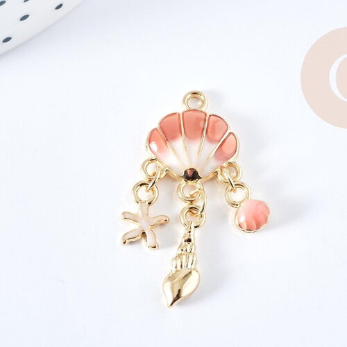 Pendentif coquillage émail coloré zamac doré 35.5mm, pendentif doré estival, x1 g8859