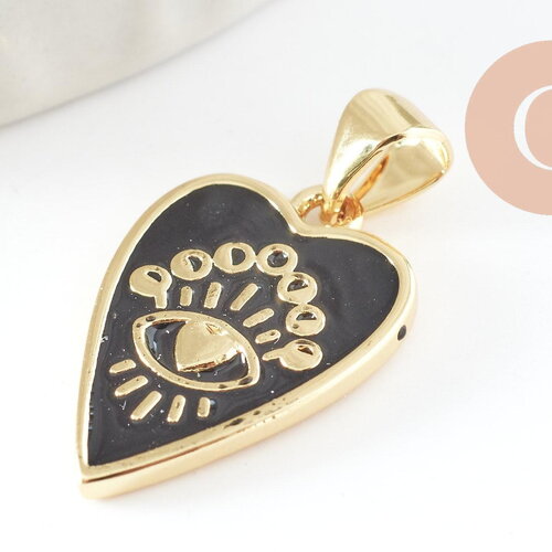 Pendentif médaille rond coeur émail noir laiton doré 18k , pendentif laiton amour pour création bijoux,18.5mm, x1 (g5325)