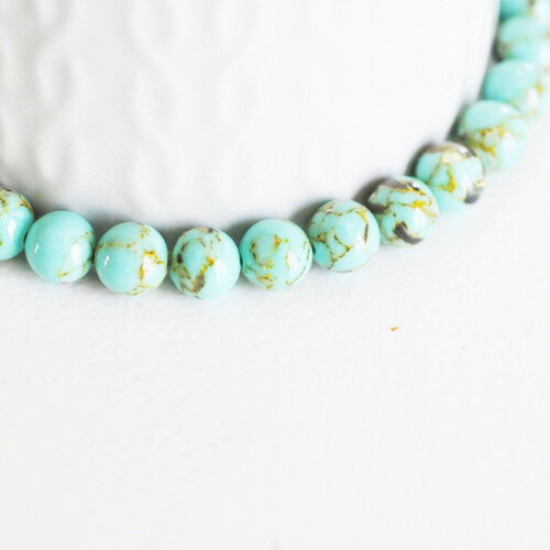 Perle ronde coquillage et turquoise bleu 8mm, perles pierre, turquoise synthétique, fil de 40cm x1 (g5387)