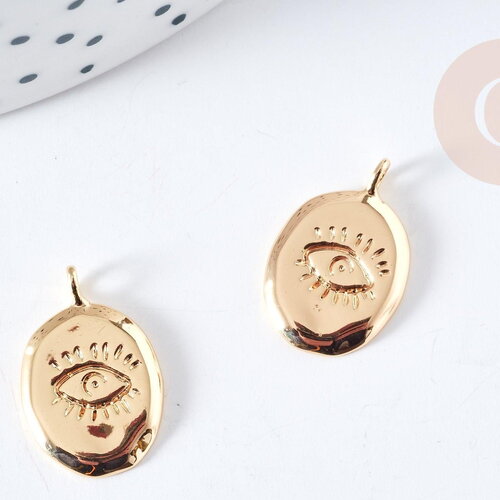 Pendentif ovale mauvais œil laiton doré 18k 17mm, pendentif laiton doré chance, x1 g8867
