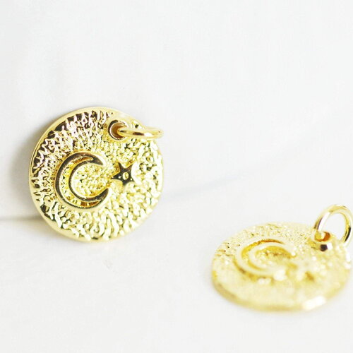 Pendentif médaille ronde lune étoile laiton doré texturé, un pendentif doré sans nickel création bijoux,12mm, x1 g4932