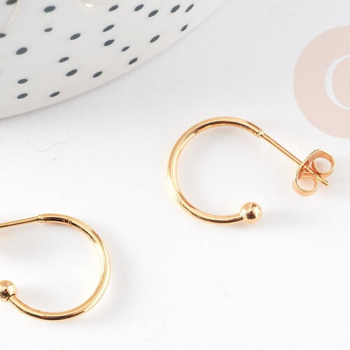 Boucles d'oreilles anneau demi-créole puce doré 18k tige argent 925 20mm, x2 (g3583)