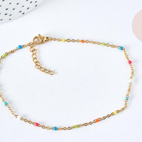 Chaine de cheville acier doré 14k résine multicolore chaine doree 1.5-2mm,23cm, bracelet chaîne fine,création bijou, x1 g3663