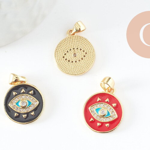 Pendentif médaille ronde oeil émail rouge laiton doré 18k et cristal zircon,pendentif laiton amour pour création bijoux,16mm, x1 (g3298)