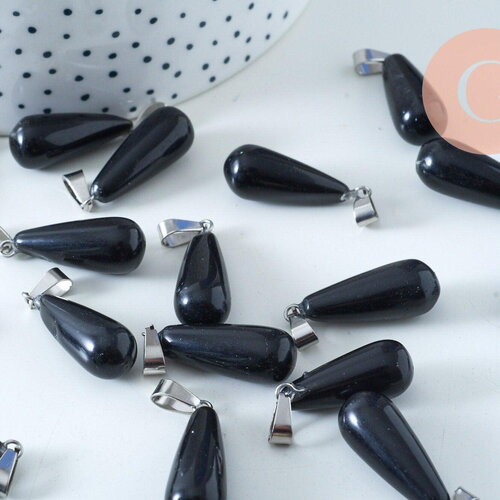 Pendentif goutte agate noire roulée roulée acier platine 30mm, pendentif pierre acier inoxydable pierre naturelle, x1 g6167