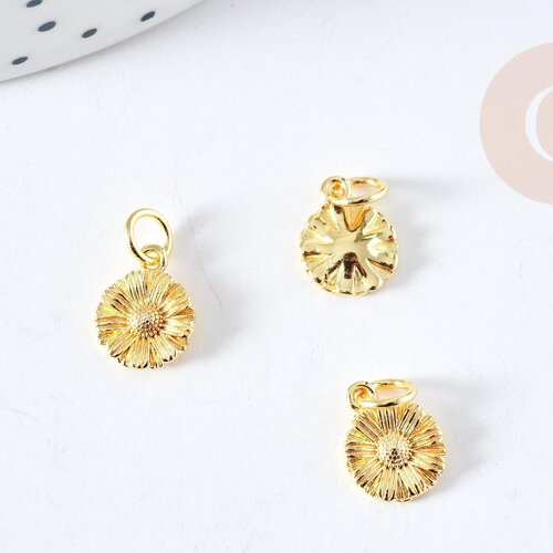Breloque fleur tournesol laiton doré 18k 11mm, pendentif création bijoux doré, x1 g8742