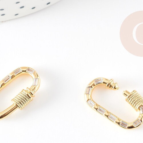 Fermoir ovale à vis laiton doré 18k zircons blanc 23.5mm, x1 (g5338)