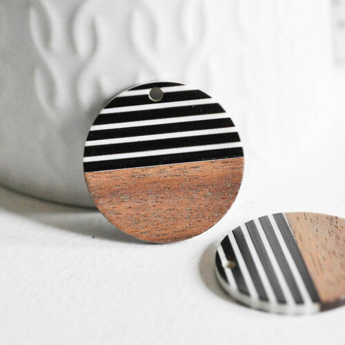 Pendentif disque en bois de noyer résine rayée noir &amp; blanc 28.5mm,x2 (g3784)
