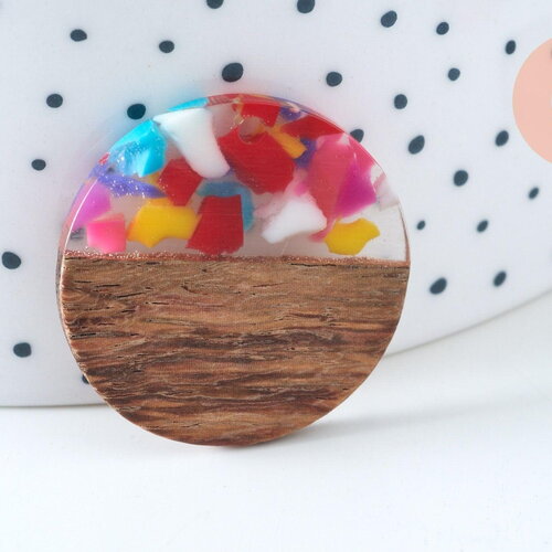 Pendentif disque rond bois résine multicolore 28mm,pendentif géométrique pour création bijoux bois, x1 g6226