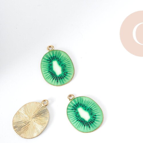 Pendentif kiwi zamac doré émail vert 26.5mm, création bijoux fruits, x1 g9000