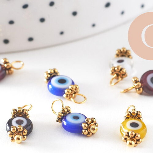 Pendentif rond verre oeil protecteur multicolore support zamac doré 9mm, x10 (g3934)