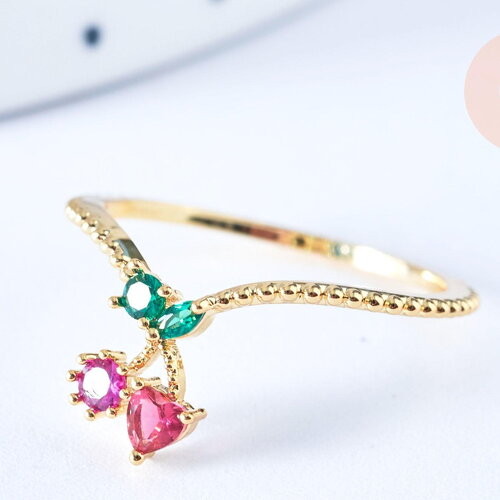 Bague fruit cerise laiton doré 16k zircons rouges, x1 (g6577)